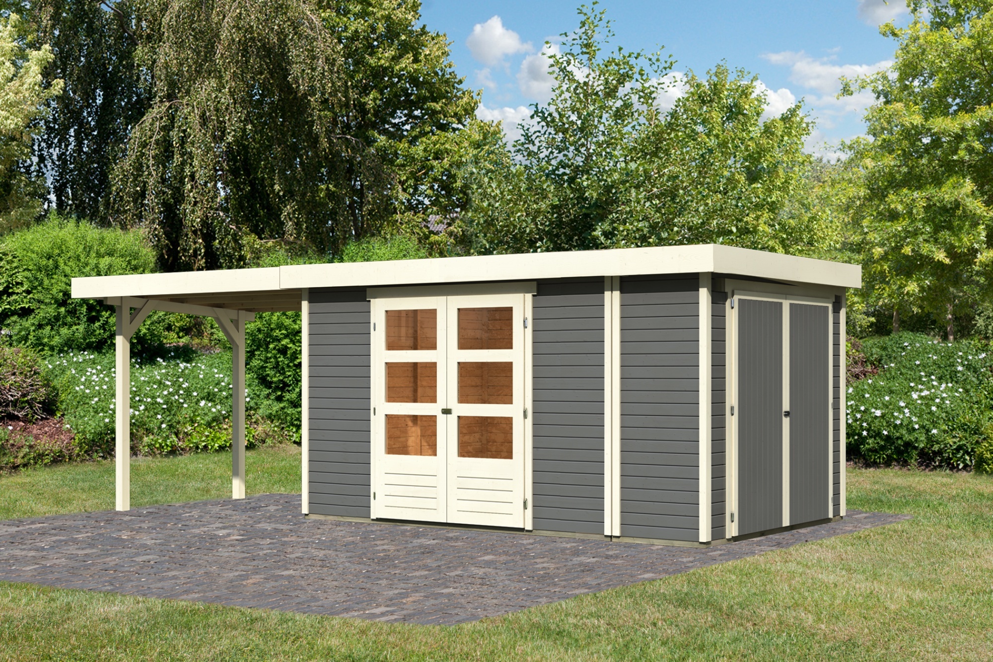 Gartenhaus Retola 6 : 2,80m breit : Terragrau Anbaudach: 2,80m breit Farbe: Terragrau