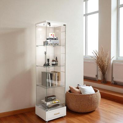 Fundinbaths "65.9"" Modern Glass Display Cabinet with Drawer, LED Lights, Lockable Storage & 4 Tempered Glass Shelves"