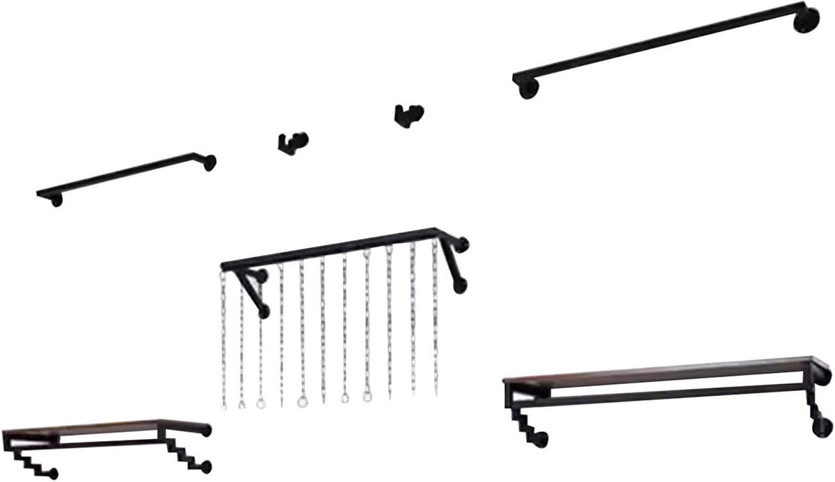 Set van 7 zwarte metalen wandkledingrekken in industriële stijl