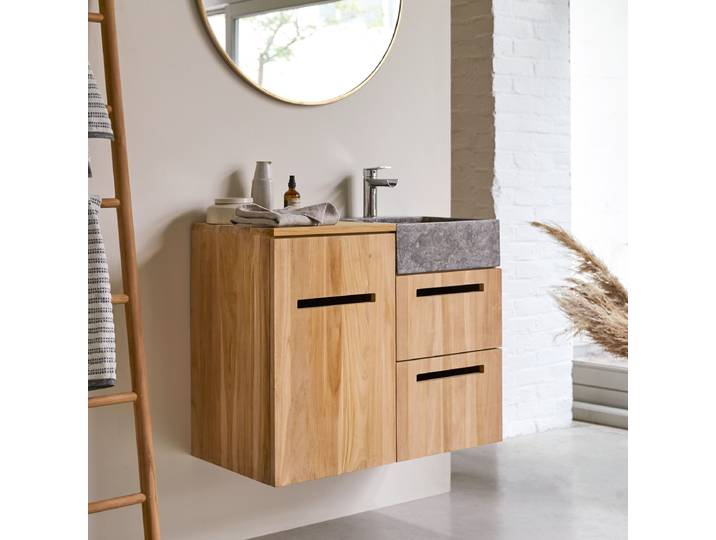 Badmöbel mit Waschbeckenschrank und integriertem Waschbecken 83 cm Teak - Natur