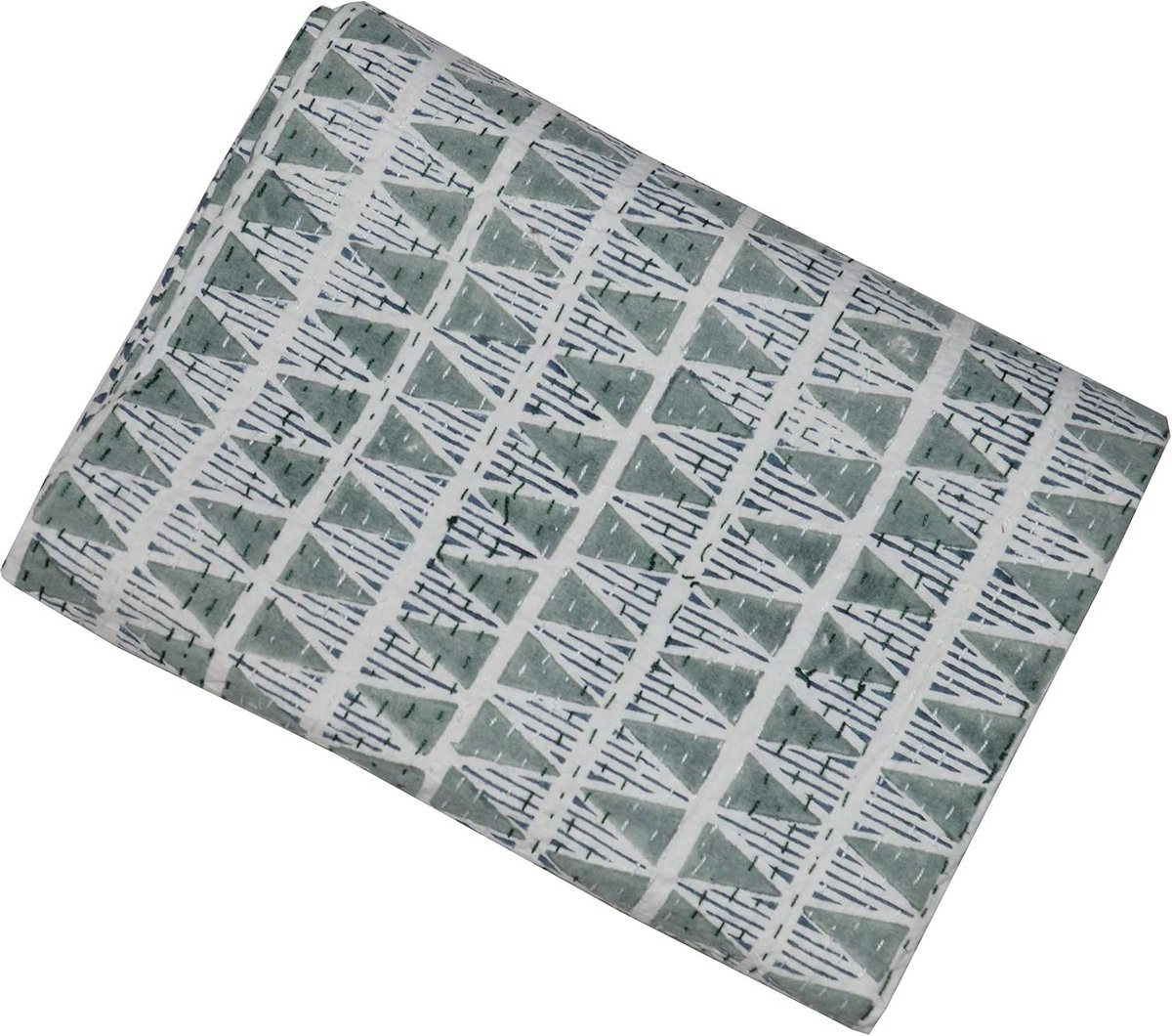 Handgemaakte Kantha Quilt met Indiase Blokprint - Queen Size Sprei van Katoen - Wit Groen