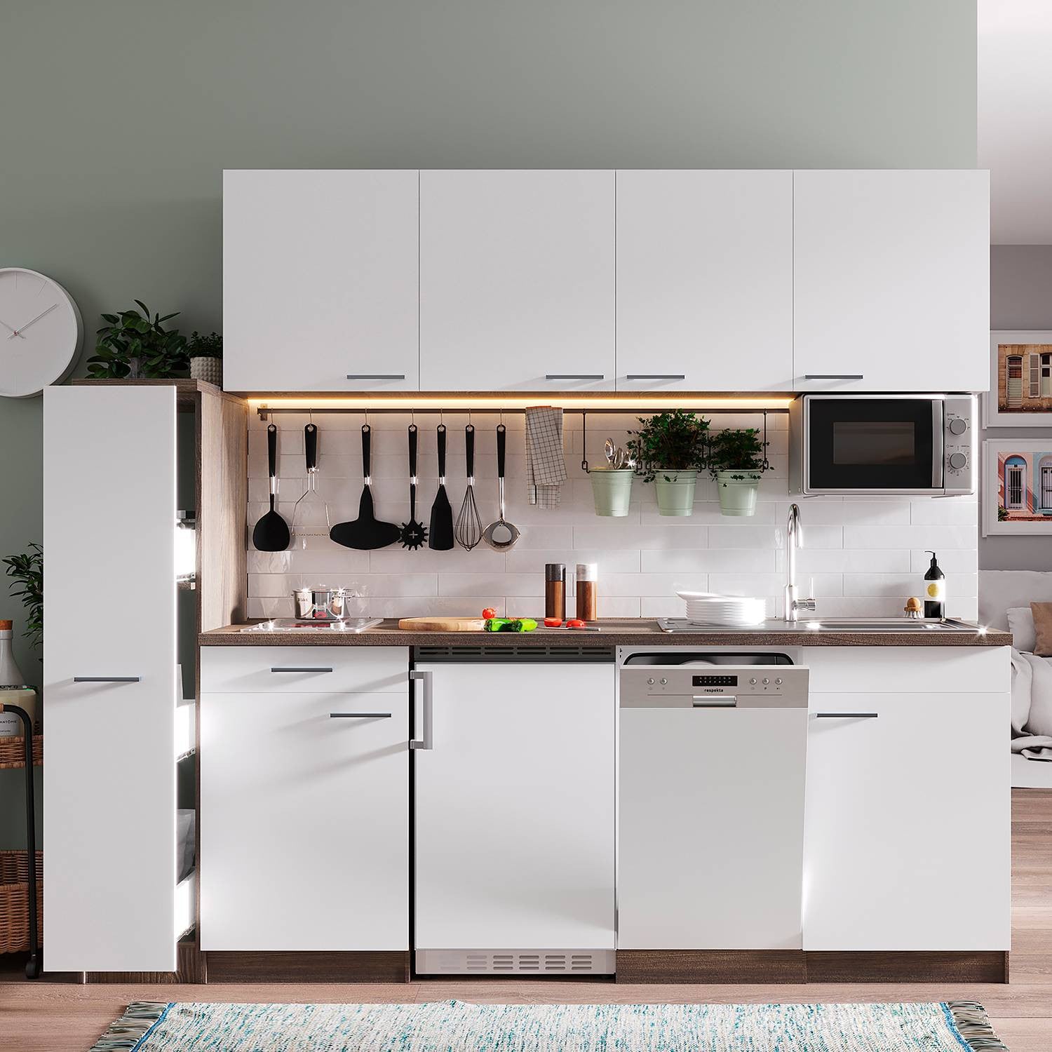 home24 Keukenblok Oliver VIII wit/wit glaskeramiek Breedte: 225 cm