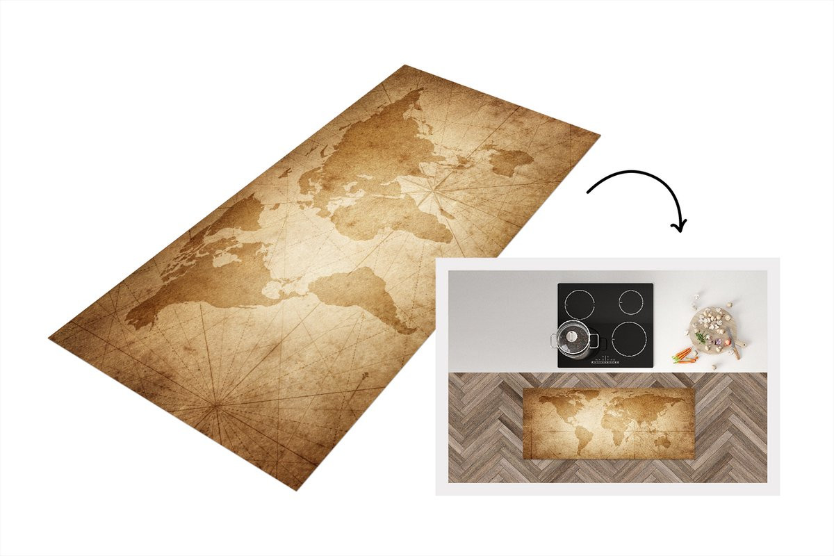 Keukenloper Wereldkaart Vintage Papyrus Vinyl - 120 x 50 cm