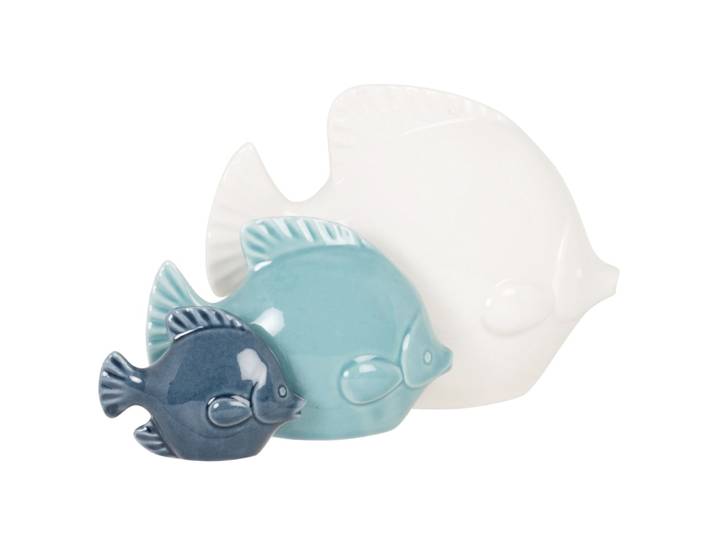 Statuette aus 3Plattfischen aus weißem, hellblauem und marineblauem Porzellan, H10cm