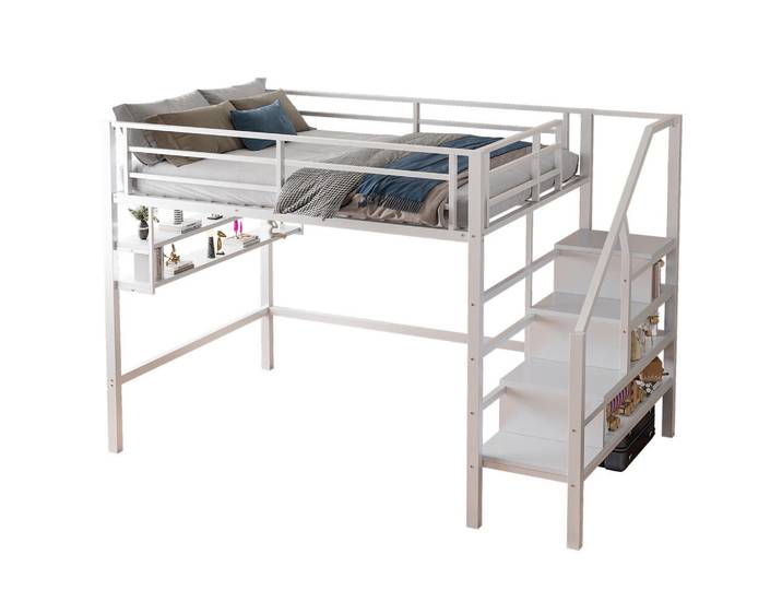 Modfu Hochbett aus Metall 140x200 cm in Weiß mit Stauraumleiter & Regalen, 140x200 cm, Babymöbel & Kindermöbel, Kinderzimmer & Jugendzimmer, Kinderbetten, Hochbetten