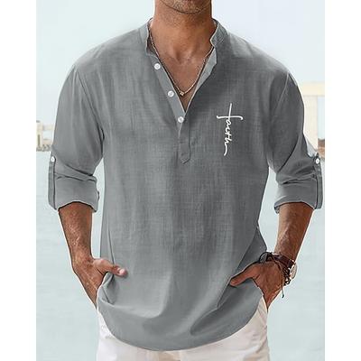 Herren Hemd Leinenhemd Popover-Hemd Freizeithemd Baumwollhemd Kreuz Urlaub Hawaiianisch Schwarz Weiß Gelb Rosa Langarm Stehkragen Frühling Herbst Bekleidung Druck