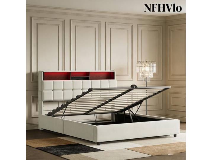 NFHVlo Lit double capitonné 160 x 200 cm cadre de lit Lit capitonné 160 x 200 cm avec station de charge et éclairage LED