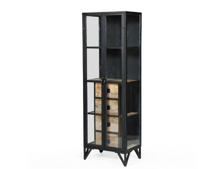 Vitrine schmal schwarz BARBAR Glasvitrine Eisen & Mangoholz Industrial