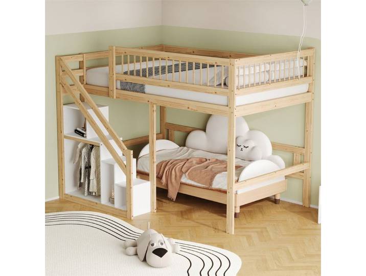 DRIPEX Lit superposé en bois massif 140×200cm lit mezzanine avec escalier devant armoire de rangement couleur bois