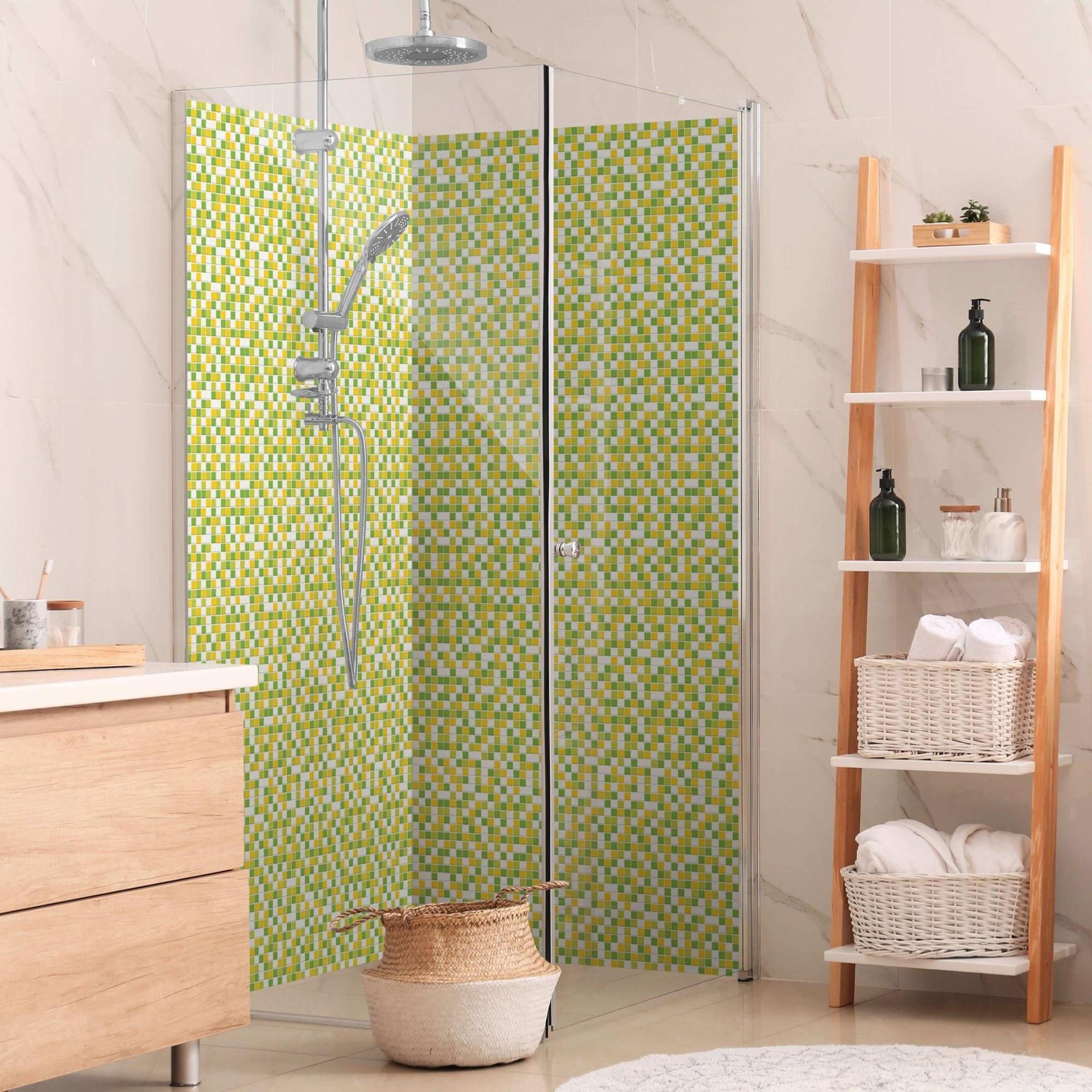 Duschrückwand mit Motiv selbstklebend - 0.61 mm Wandpaneel wasserfest Design grün Fliesenoptik Illustration Badrückwand fugenlos Premium matt 100x190 cm