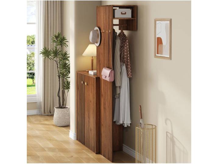ULEVR Meuble d'entrée gain de place en MDF couleur noyer avec meuble à chaussures patères et barre de penderie
