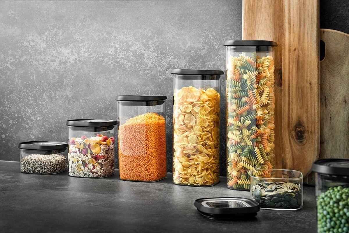 Vorratsglas GEFU "PANTRY", transparent, B:11cm L:11cm, Borosilikatglas, Kunststoff, Lebensmittelaufbewahrungsbehälter, Vorratsglas, Stapelbar, luftdicht, transparent, platzsparend