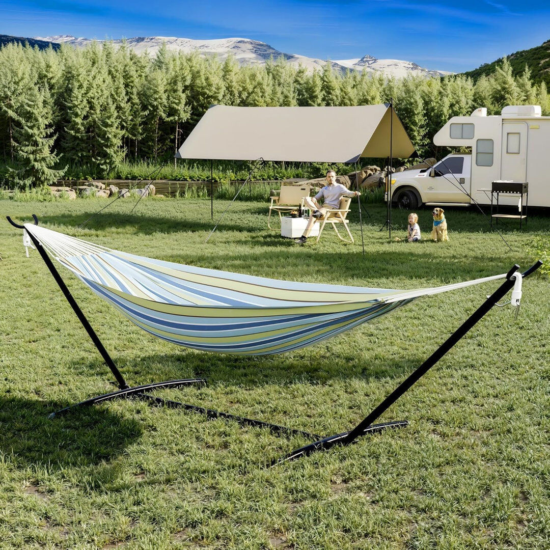 Rebrilliant Double Hammock with Stand, 204KG Capacity Heavy Duty Hammock with Quilted Net, Detachable Pillow & Storage Bag, Portable for Patio, Pool, Garden and C Blue 140cm 370cm