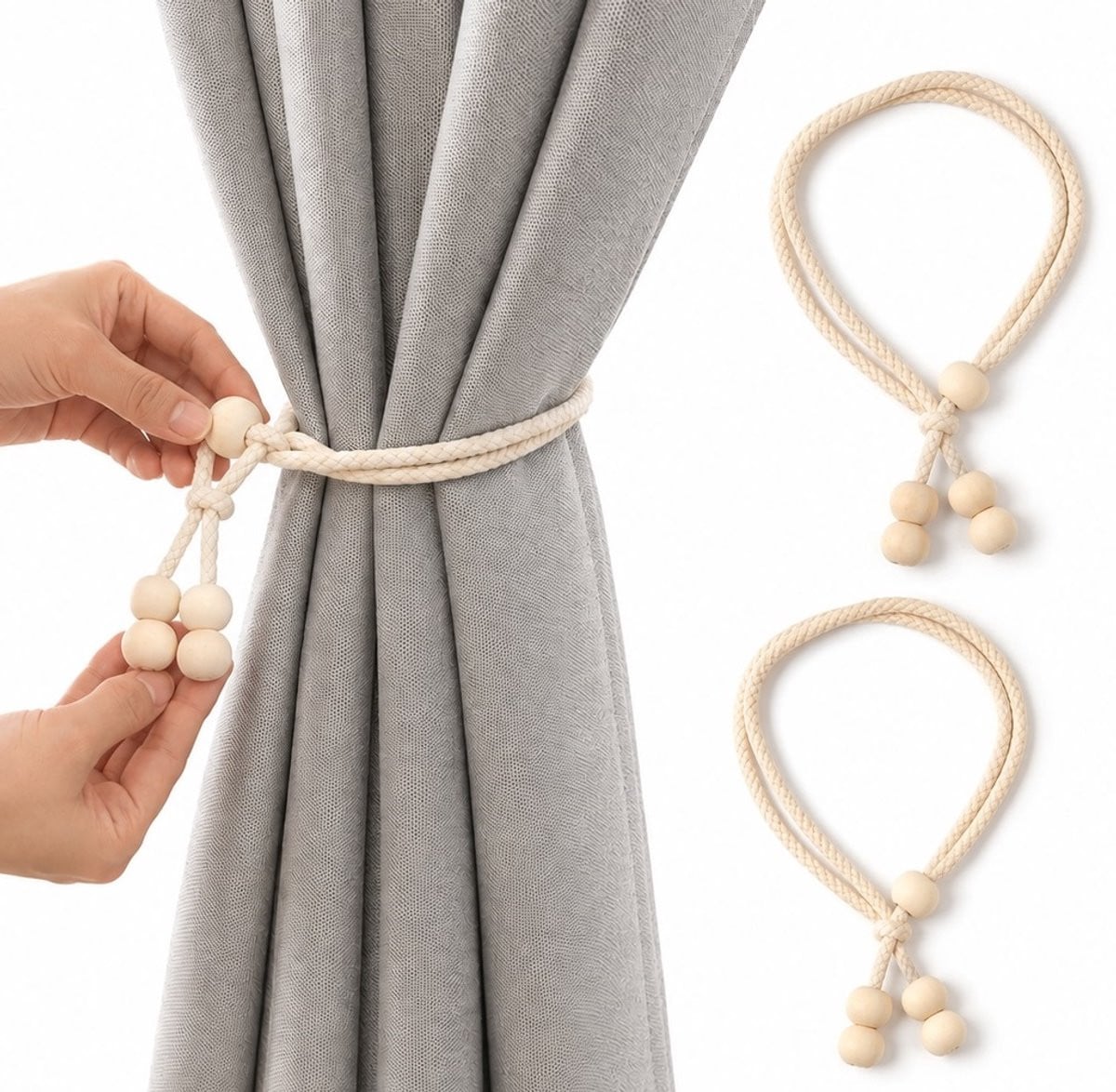 Cheaperito Set van 2 Gordijnhouders met Houten Kralen, Beige, 45 cm, Scandinavisch & Boho stijl