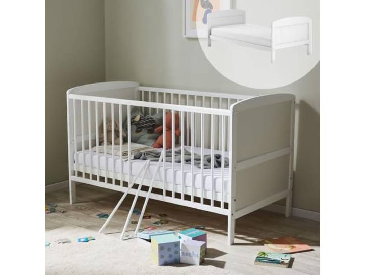 Kids Collective Babybett Kinderbett 70x140 Umbaubares Gitterbett höhenverstellbar & herausnehmbare Sprossen weiß Vollholz Kiefer Made in Europe von Geburt bis 6. Lebensjahr