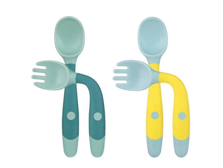 Babybesteck 4-teiliges Set BPA-frei Grün Gelb, Mehrfarbig, Kunststoff, Füttern, Kinderbesteck