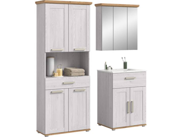 Badmöbel-Set WELLTIME COSENZA, 3-teilig, in Landhausoptik, mit farblich abgesetztem Kranz , sibiu lärche nachbildung, B:149cm H:187cm T:34cm, Kastenmöbel-Sets, Badmöbel-Set, Bad-Kombination, Badezimmer, Kombi, Bad, Bad-Möbel