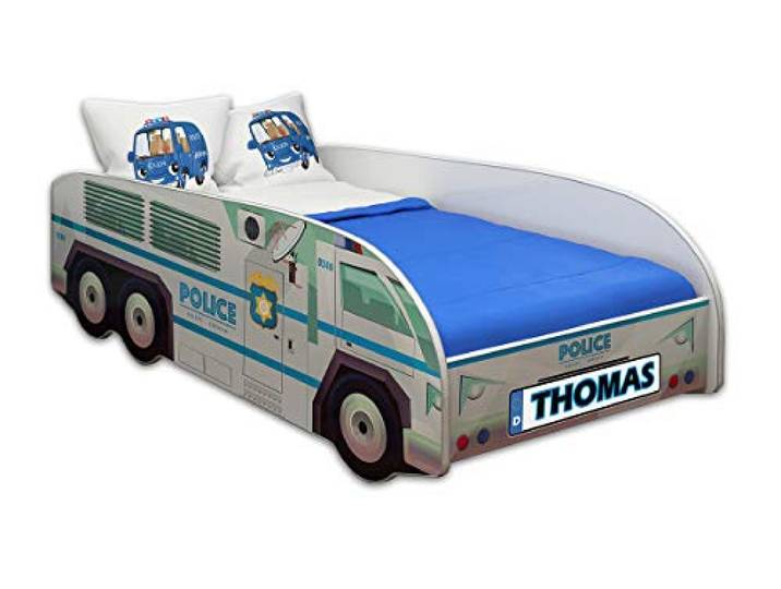 ACMA Kinderbett LKW Truck 160x80 cm Autobett Juniorbett für Kinder mit Matratze und Lattenrost, Spielbett mit Rausfallschutz, Kinderzimmer Bettmöbel, Design 01 Polizei + Name
