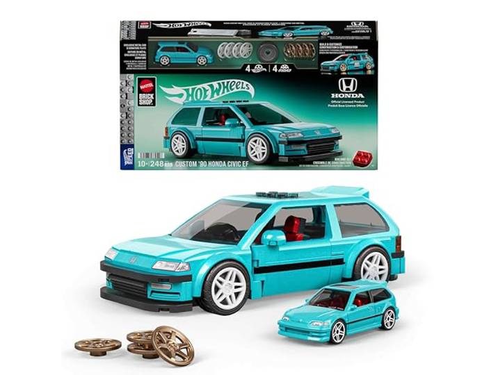 Mattel Brick Shop Hot Wheels Custom ’90 Honda Civic EF Bauset 248 Teile, realistische Details, individuelle Aufkleber, Metallauto im Maßstab 1:64, für Sammler + Kinder ab 10 Jahren, JHF62