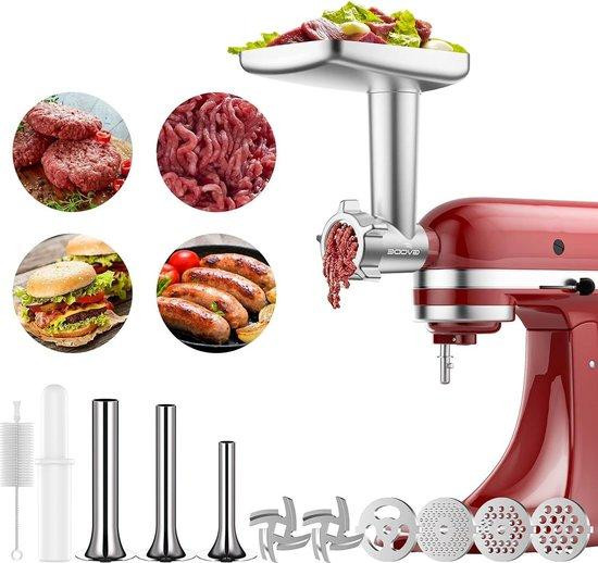 Vleesmolen accessoire voor KitchenAid met 4 maalschijven en 3 worstvullingen, aluminiumlegering