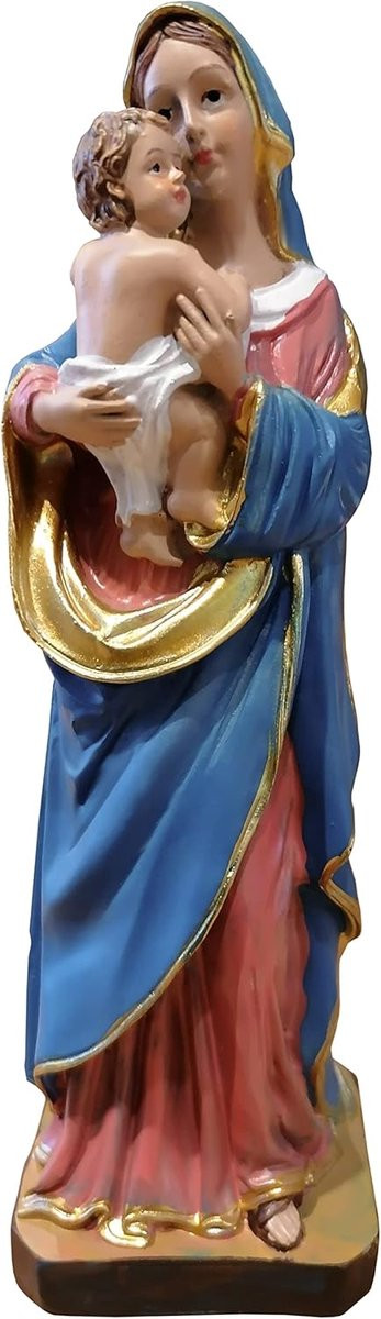 Handgeschilderd Sculptuur Moeder Gods met Jezukind van KaltnerGeschenken - Madonna Maria figuur op sokkel - Kunsthars - Hoogte: 20 cm
