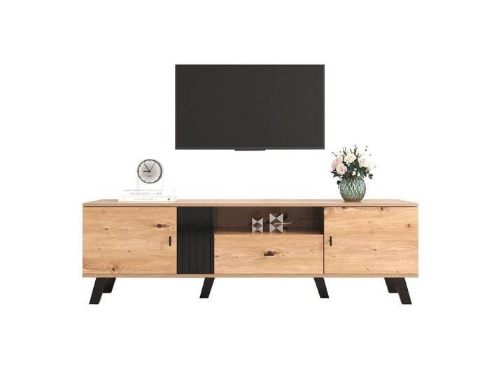 HAUSS SPOLE TV-Schrank 172cm mit Schubladen, Vielfältige Aufbewahrungsfunktionen, Natur und schwarz