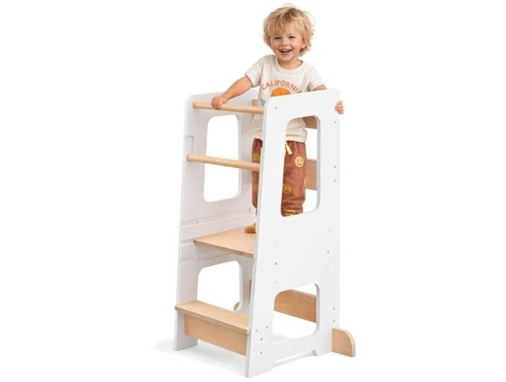 KYWAI Lernturm ab 1 Jahr Montessori, 3 Höhen Verstellbar, Doppelte Barriere 90 cm für die Arbeitsplatte (nicht 80 wie andere), 1-6 Jahre, Barriere abnehmbar, Antirutschstreifen an Basis, Stufe, Füßen