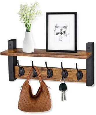 Sorbus Coat Hooks Wall Mount Floating Shelf with 5 Heavy Duty Hooks, Large and Extra Large