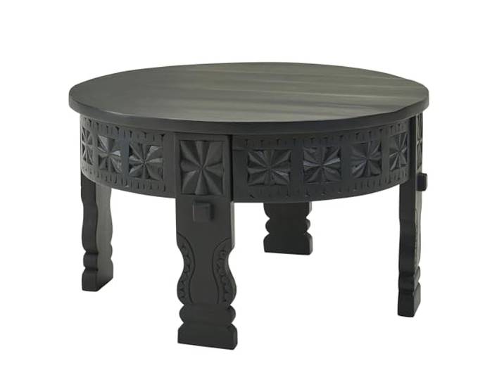 FineBuy Couchtisch Rund 80 cm Mango Massivholz Schwarz, Handgeschnitzt orientalischer Wohnzimmertisch im Boho Stil, dunkler Sofatisch aus Echtholz, jedes Stück ein Unikat