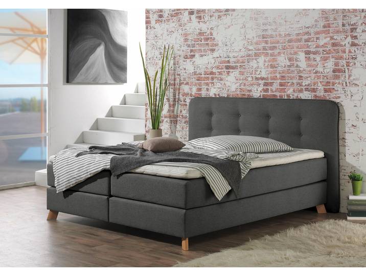 Boxspringbett, 182x210 cm, Struktur Fein, Grau, Topper & 7-Zonen-Matratze, Modern, Home-affaire