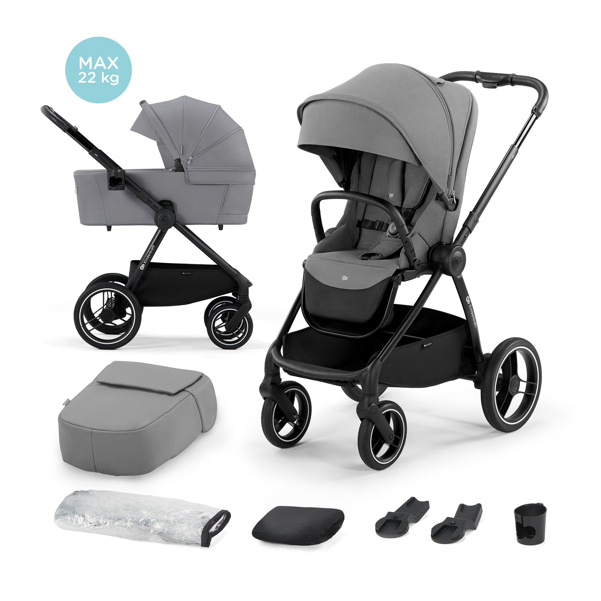 Kinderkraft NEA - Kombikinderwagen 2-in-1 - bis 22 kg - große Babywanne - wasserdichtes Verdeck UPF50+ - große Reifen - einhändige Führung - Grau