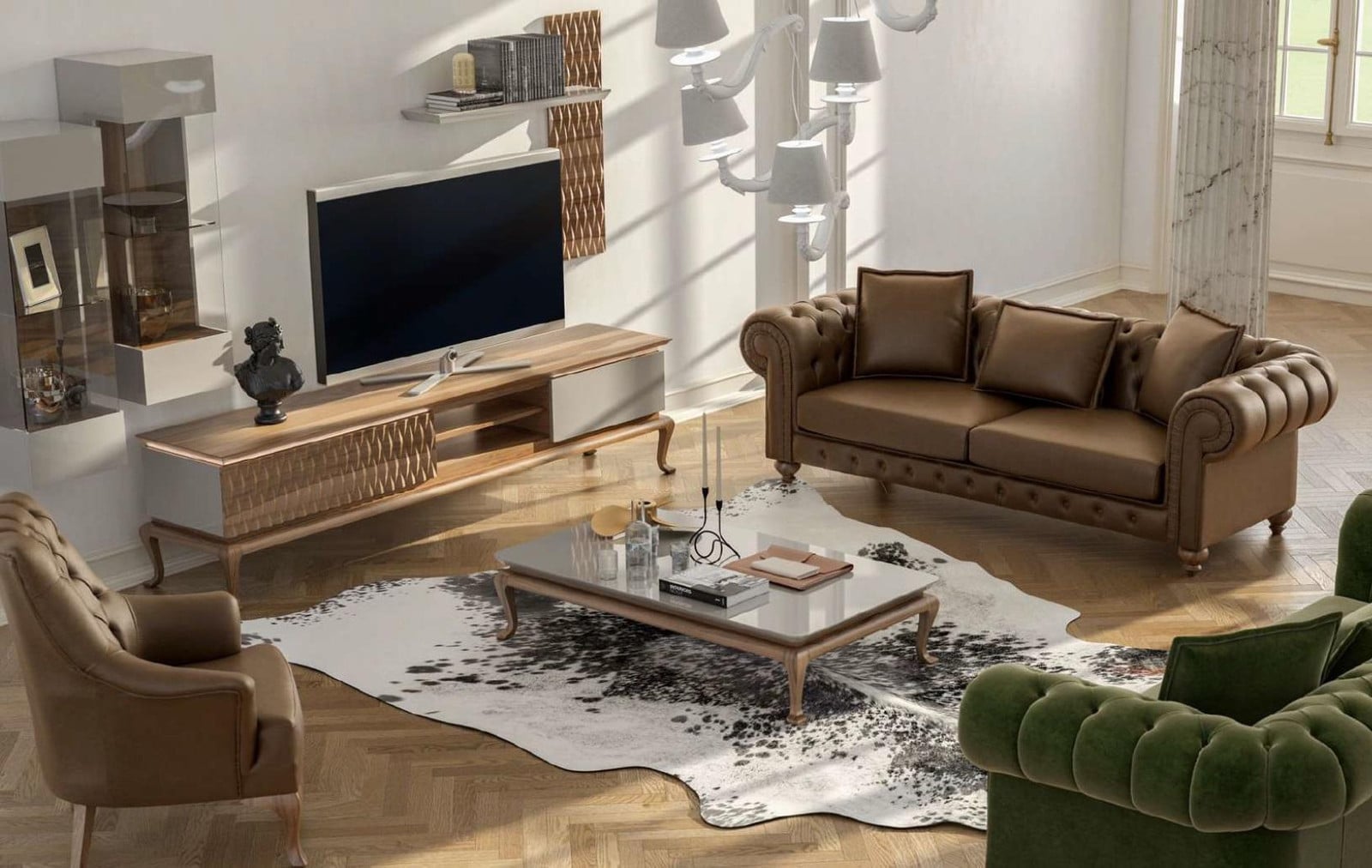 Bruine Chesterfield Luxus Sofagarnitur Moderne Driepersoonsbank en Fauteuil van Textiel