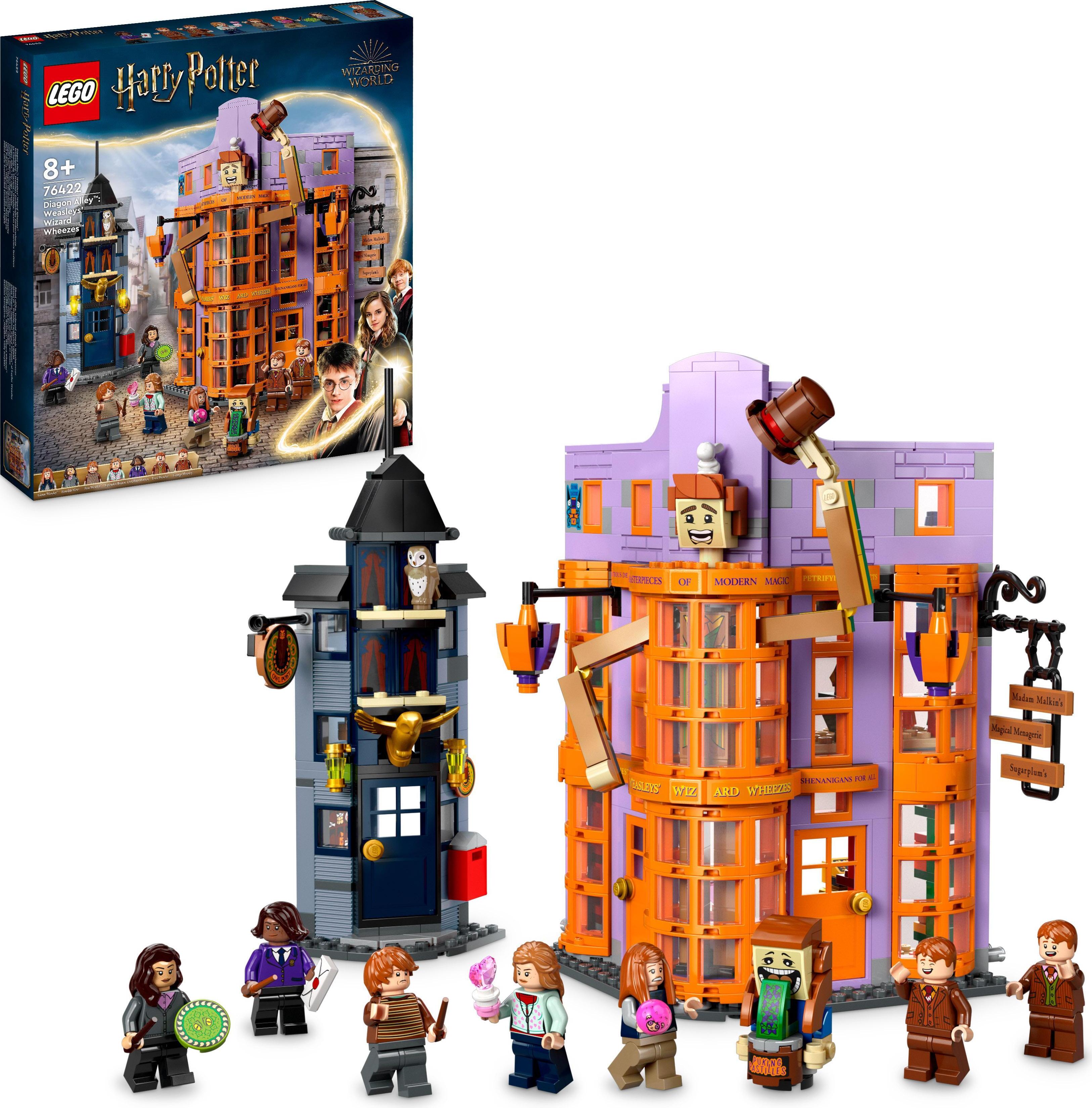 LEGO 76422 Harry Potter Winkelgasse: Weasleys Zauberhafte Zauberscherze, 2-in-1 Set mit Scherzartikel-Laden und Eulenpost, Spielzeug-Set mit 7 Minifiguren, Sammelstück für Kinder und Erwachsene