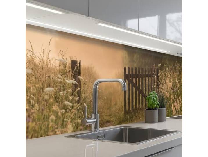 KitchenYeah© Küchenrückwand Selbstklebende Kitchen Wall Protector Küchen 60x300 cm - Rückenwand Küchenfronten Küchenrückwände Küche Wand Zaun - Natur - Nebel - Feld