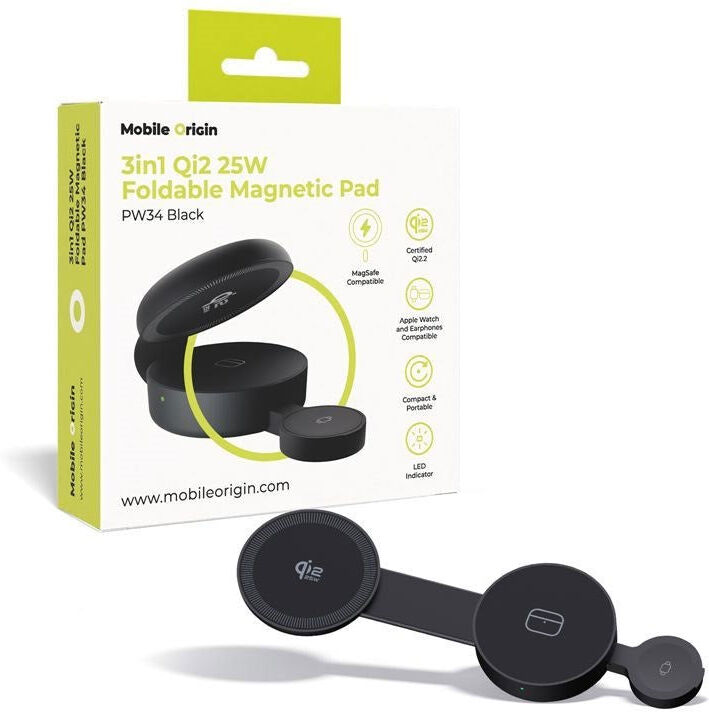 Mobile Origin 3-i-1 25W Qi2 Oplader til Smartphone / Apple Watch / Høretelefoner - Sort