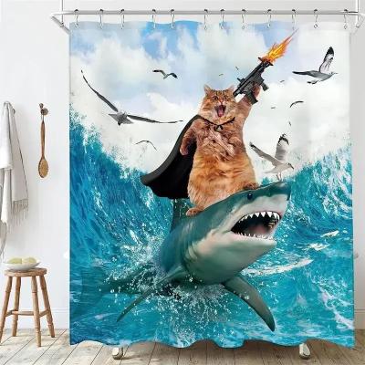 Uplift Essentials "Creative Kids ""Cat Riding Dinosaur"" Shower Curtain style 6 47 In X 71 In"