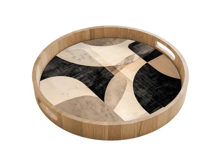 OnlyWow Tablett - Abstrakt - Formen - Modern - Beige - 40x40 cm, Holz, Echtholz,Eiche, Rund, 40x5x5 cm, Geschirr, Tischkultur & Serviergeschirr, Tabletts