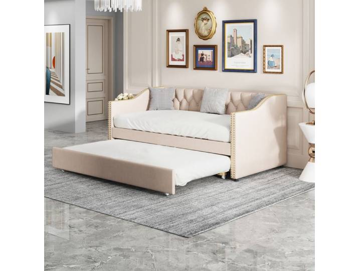 Canapé lit gigogne 90/180x200 lit 2 places convertible avec sommier à lattes Canapé Convertible Extensible Tissu en lin Beige