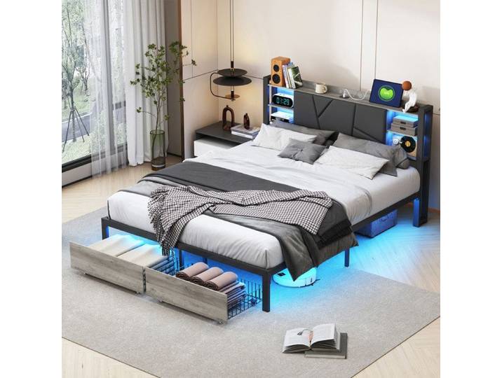 Cadre de lit 140x200 cm - Lit double 140x200 - LED RGB intégrée - 2 tiroirs - Prise USB