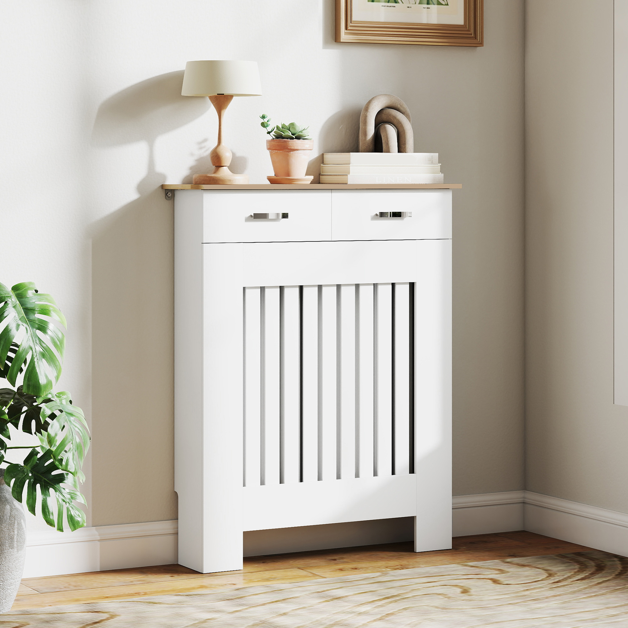 Homcom Copritermosifone a Doghe Antiribaltamento con Cassetto, in Legno, 78x19x97 cm, Bianco   Aosom Italy