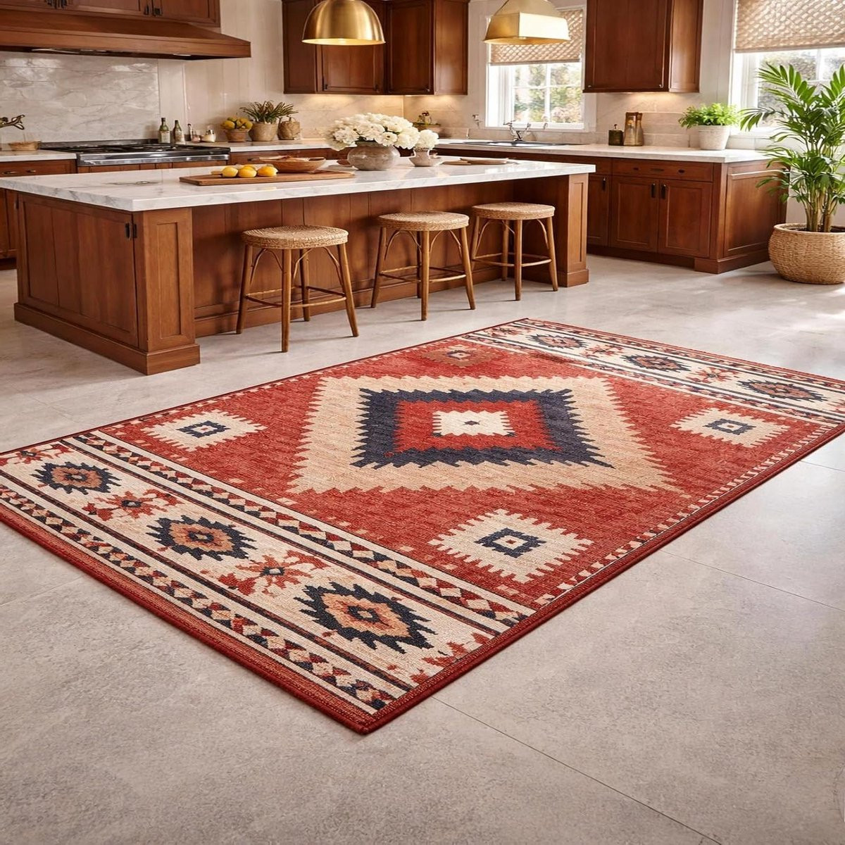 Wasbaar Vintage Vloerkleed Runner in Rood en Blauw - 100 x 180 cm