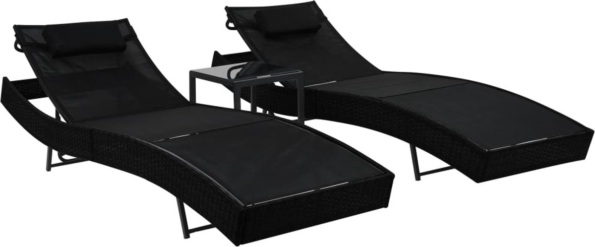 Zweisitziger Rattan-Liegestuhl mit Tisch, Schwarz