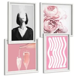 BILDER SET 4er Set - 50x50 cm & 40x60 cm Weißer Rahmen - Stilvolles Porträt mit Champagner