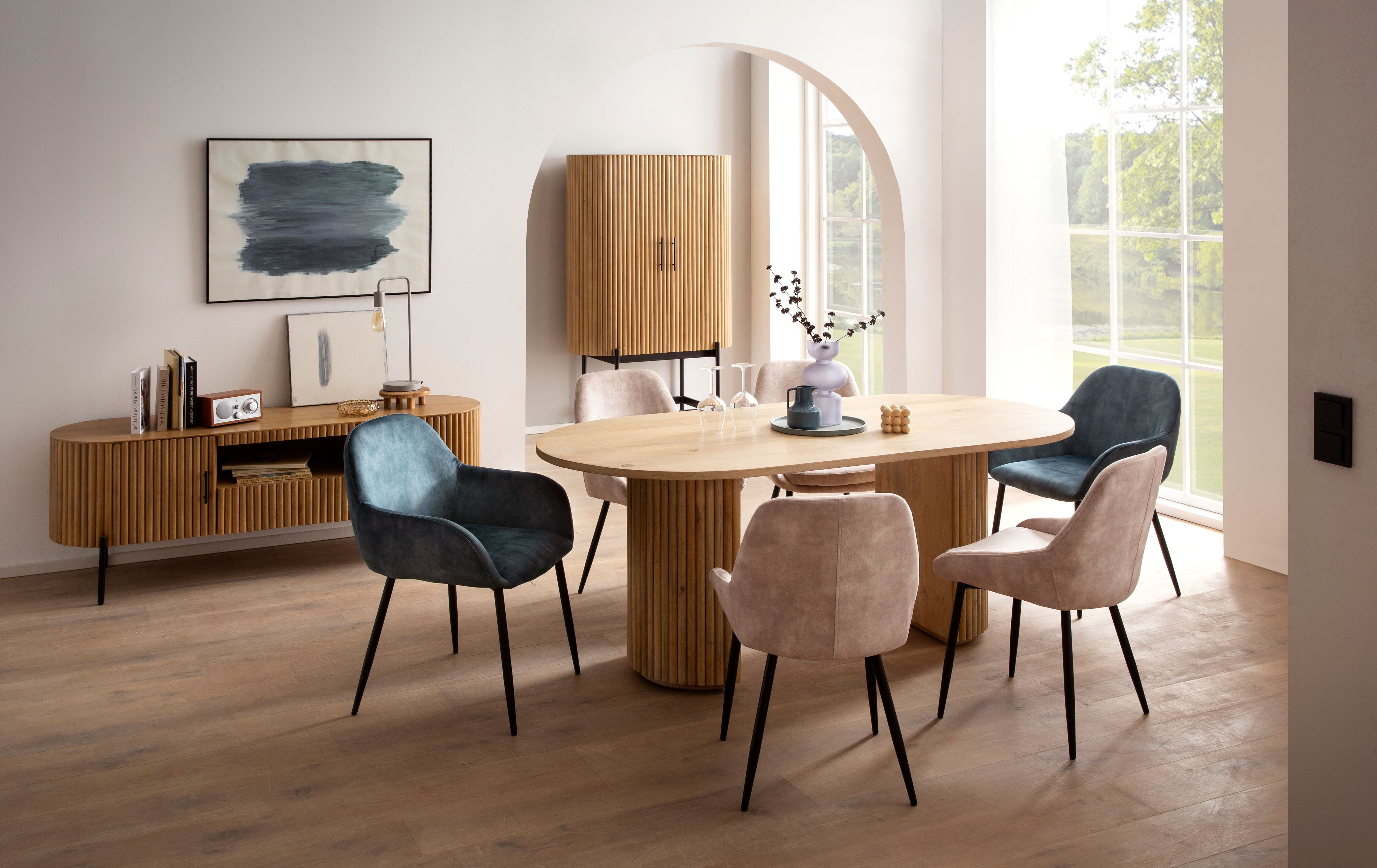 TV-Board SIT "Sapa aus Mangoholz mit Lamellen-Design, 2 Türen & Schublade", beige (natur, schwarz), B:160cm H:60cm T:45cm, Massivholz, Metall, Sideboards, TV-Board, Offenes HiFi-Fach mit Kabeldurchführung & 20 cm Metallfüssen natur, schwarz B/H/T: 160cm x