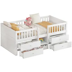MODFU Halbhohes Bett 90x200 mit 4 Schubladen, Stauraumbett, Leiter, Sicherheitsgeländer, MDF & Kiefernholz, modern, Weiß