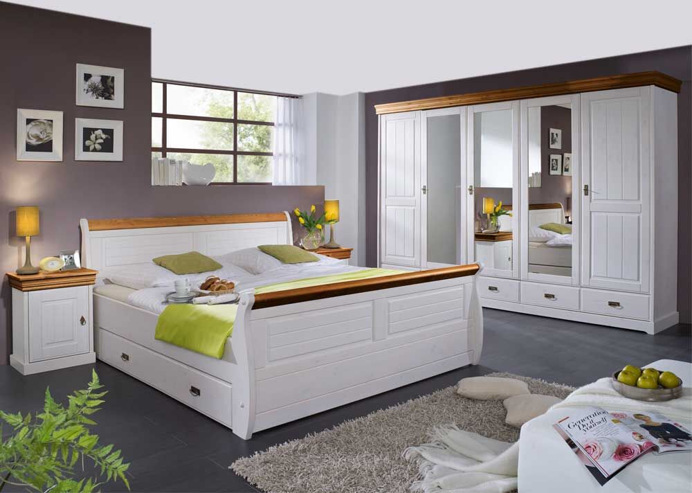 Pharao24.de komplett Schlafzimmer in Weiß Honigfarben (vierteilig)