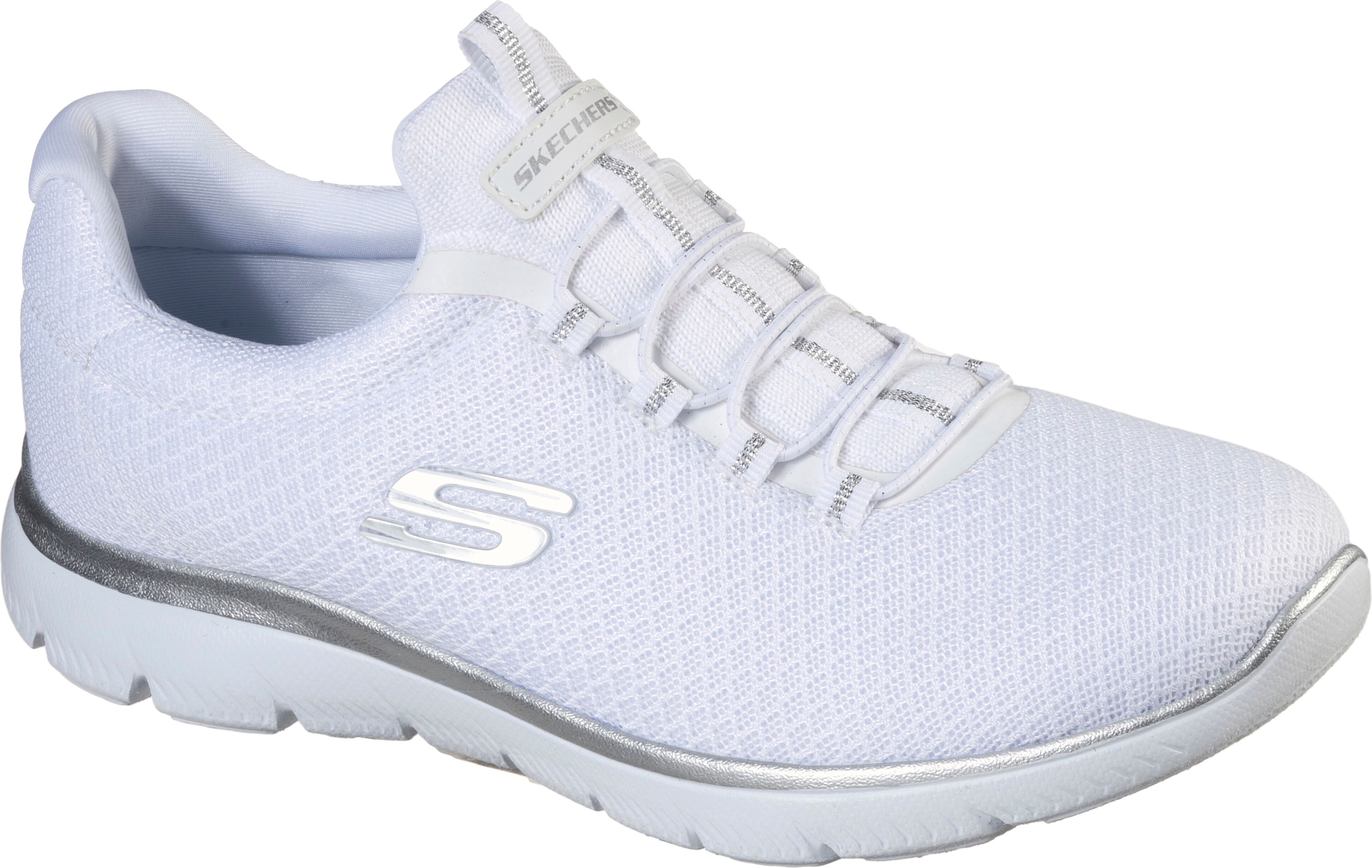 Slip-On Sneaker SKECHERS "SUMMITS", Damen, Gr. 42, Textil, silber (weiß, silberfarben), Schuhe Slip-On Sneaker, Freizeitschuh, Komfortschuh mit stoßdämpfender Zwischensohle