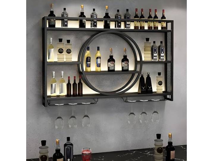 Weinregal zur Wandmontage, Metall, schwimmende Halterung, Weinflaschen- und Glasregal, Eisen-Präsentationsständer, Weinhalter, Wandmontage, Weinregal mit Regalen für Bar, Wohnzimmer, Restaurant