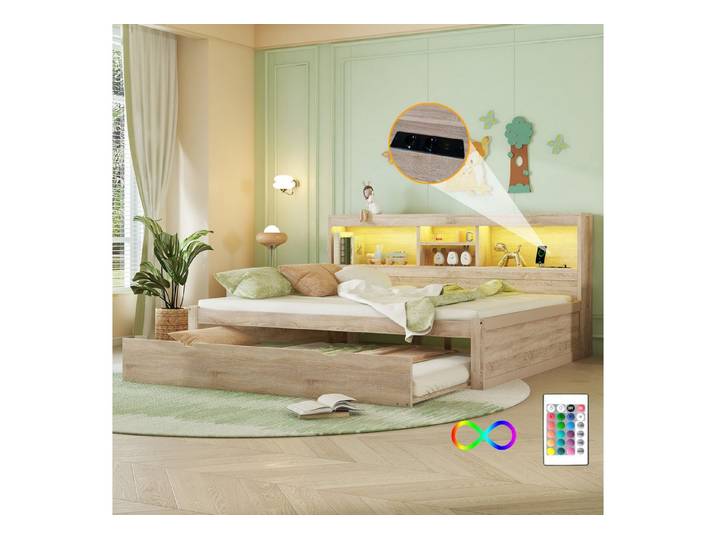 HAUSS SPOLE Schlafsofa 140x200 mit Beleuchtung, Staufach, Ausziehbares Bett, Steckdose Natur