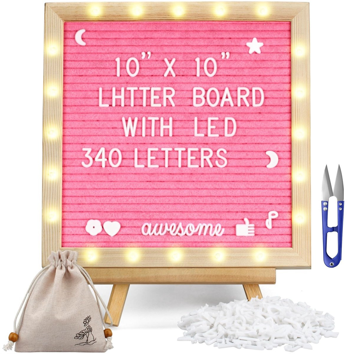 Omgoods Roze Vilt Letterbord met LED Verlichting en 340 Letters
